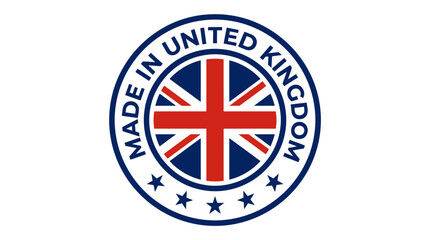 Fototapeta premium Circular 'Made in United Kingdom' stamp or badge featuring the Union Jack flag and five stars on a white background, symbolizing product origin and quality.