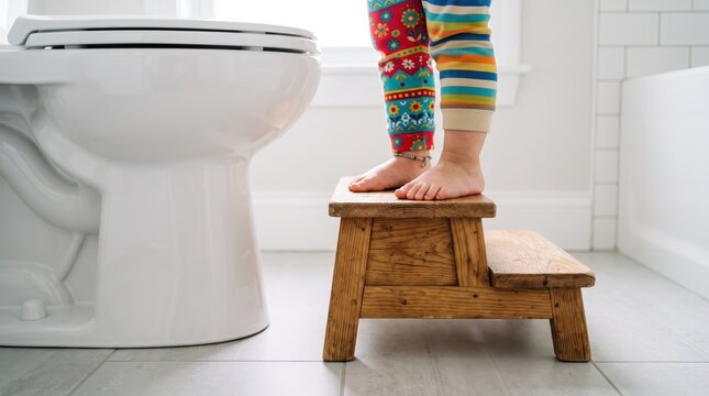 Toddler child standing on wooden step stool next to white toilet in bathroom wearing colorful patterned pants during potty training routine at home interior