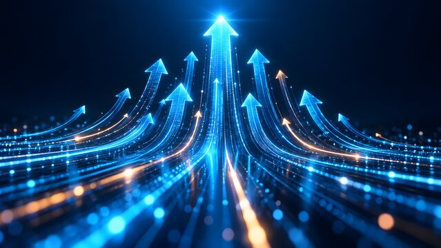 Multiple glowing digital arrows converging upwards highlighting strategic business alignment technological progress and network synchronization