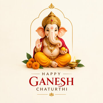 Happy Ganesh Chaturthi Poster - Cute Lord Ganesha Idol with Diya and Marigold Flowers