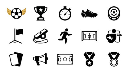 Obraz premium Elegant Black and White Sports and Competition Icon Set Featuring Medals Soccer Basketball Track and Stadium Elements