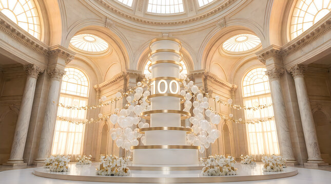 Grand 100th anniversary celebration centerpiece with white and gold tiered tower, balloons