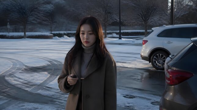 Young Woman Walking in Snowy Parking Lot at Dusk