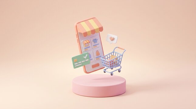 Smartphone with shopping cart and credit card illustrating a modern online retail experience.