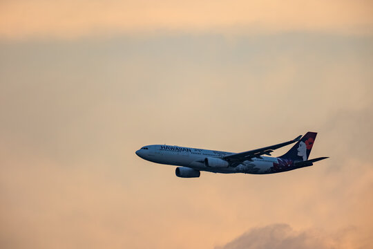 A Hawaiian Airlines Airbus A330 flies through pastel evening cloud on August 28, 2023 in Japan.