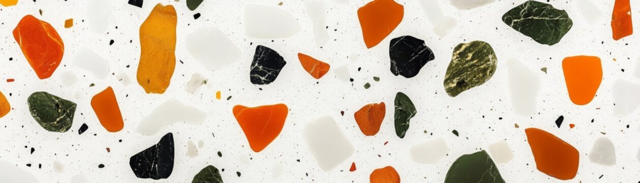 Modern terrazzo tile pattern with colorful stone fragments and speckled white concrete surface texture for interior architecture design