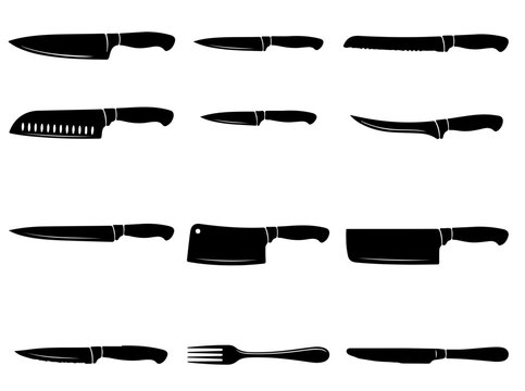 Black Silhouette Collection of Kitchen Knives and Fork on a White Background