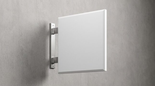 Empty white square wall sign mounted on a textured concrete surface for branding.