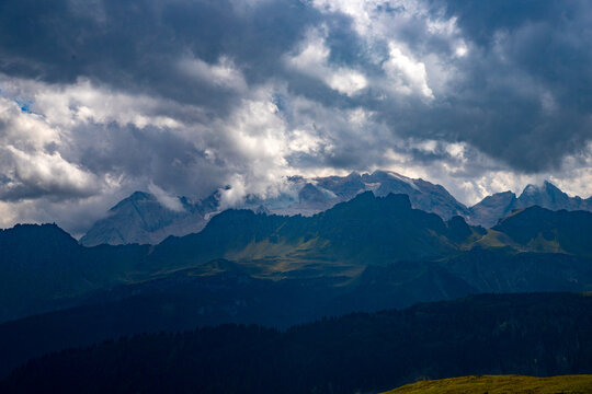 Panoramic view of Marmolada Mountain and Glacier, from Pralongia over Corvara, Alta Badia, Dolomites , Trentino, Alto Adige, Sudtirol, South Tyrol, Italy	