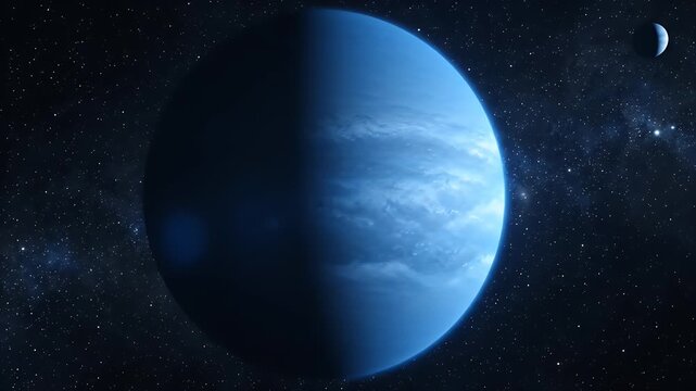 Blue planet in deep space with orbiting moon and starry galaxy background