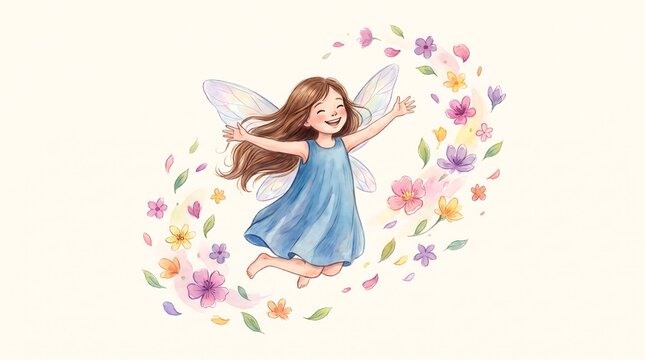 Watercolor fairy girl in blue dress, whimsical forest sprite with wings, magical floral character illustration for nursery decor
