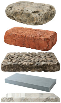 A set of five stylized stone steps and paving blocks in varied materials, colors, and textures for architectural design concepts.