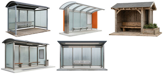 Obraz premium A set of modern and rustic bus stop shelters with glass, steel, and wood details.