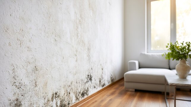 Black mold growing on white living room wall near sofa indicating damp house problems