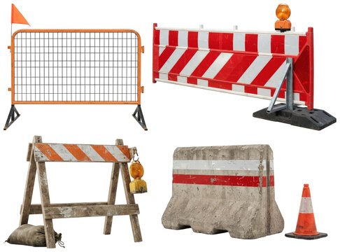 A set of temporary road barricades and construction barriers in varied styles and materials.