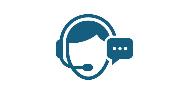 Customer support agent head with headset and speech bubble blue graphics.