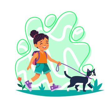 Cute young girl walking black tuxedo cat on leash outside vector illustration child pet care