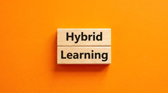 Hybrid learning text on wooden blocks, modern education concept on orange background, remote and in-person study model