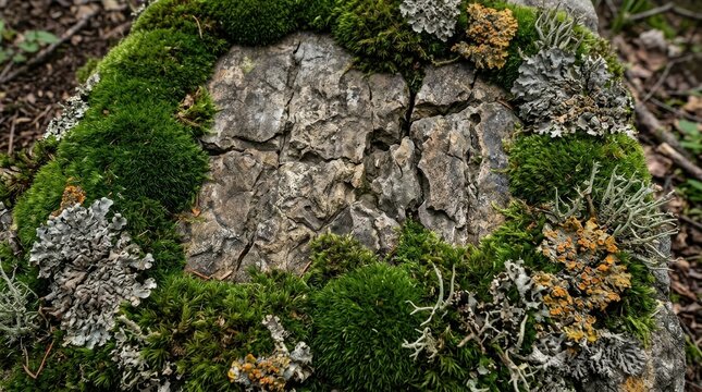Natural mossy tree stump in forest, green moss and lichen on old wood bark, organic woodland texture for nature design Black Friday Special