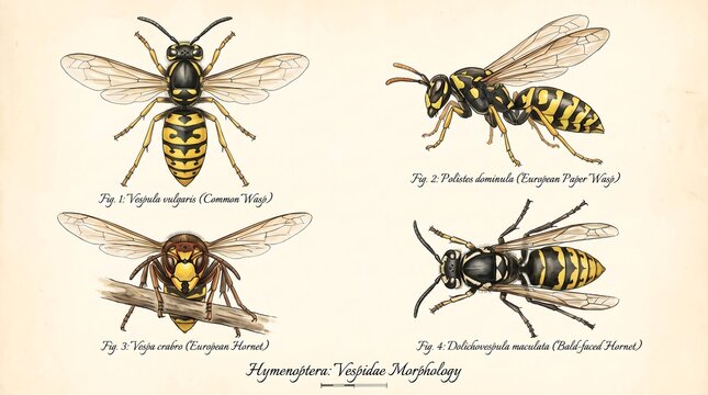 Vintage wasp morphology illustration, antique scientific poster of Hymenoptera Vespidae, detailed hornet and yellowjacket diagram