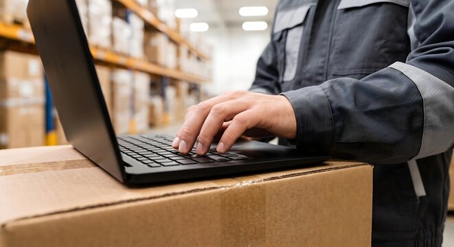 A warehouse worker in protective clothing types on a laptop keyboard resting on a cardboard box.