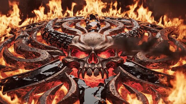 Metallic skull emblem engulfed in intense orange flames.
