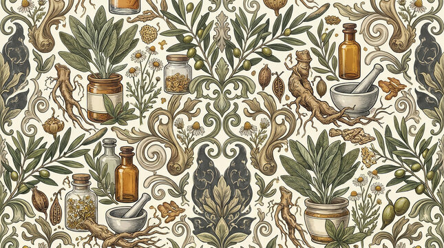 Herbal medicine seamless background with vintage apothecary bottles and dried roots for natural wellness and holistic health therapy.