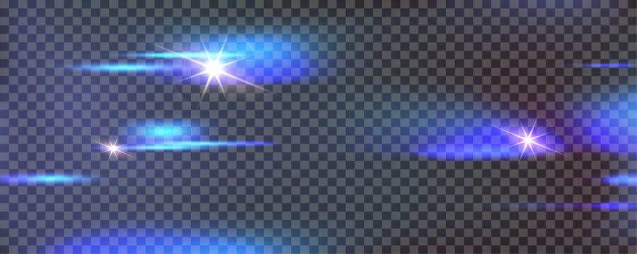 Cinematic blue lens flare light effect with horizontal light trails, rays, glowing starburst glare and optical shimmer. Overlay for sci-fi, space design, winter sky, photo editing. Vector illustration