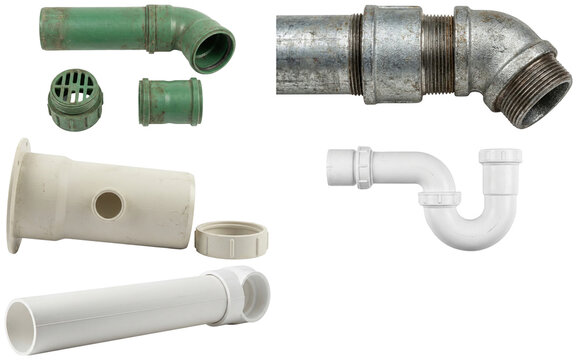 A set of assorted drain pipe fittings and connectors in white, green, and metal finishes.