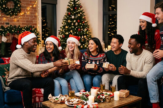 Diverse Group of Happy Young Friends in Santa Hats Exchanging Christmas Presents at Party
