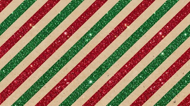 Festive diagonal striped background with red and green glitter bands on a textured kraft paper surface