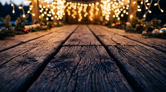 Rustic wooden table surface with festive bokeh fairy lights in the background