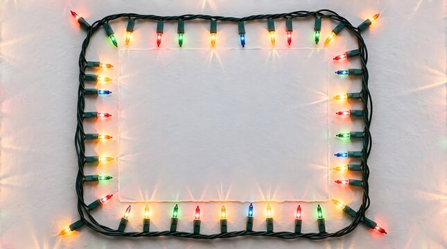 A rectangular frame made of colorful christmas string lights surrounding a blank white paper sheet