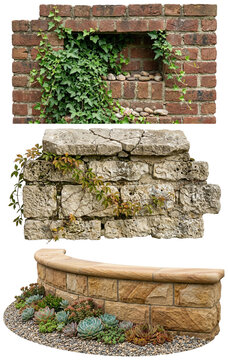 A set of decorative garden walls in brick and stone styles with ivy, vines, pebbles, and succulents.