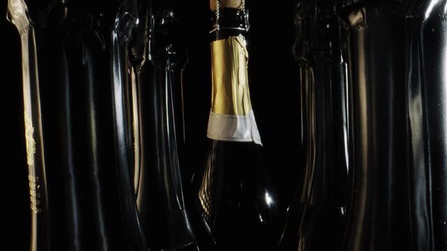 A bottle of champagne is surrounded by other bottles