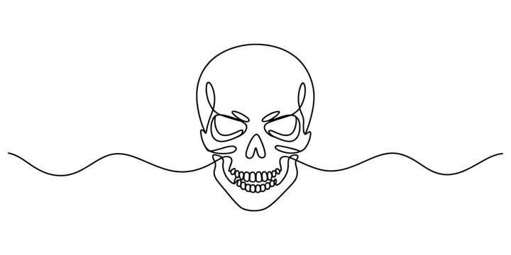 Human skull drawing made with a single continuous black line on a plain surface