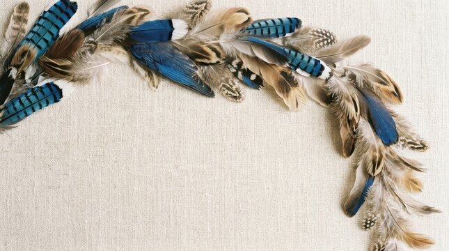 Rustic bird feathers on linen background, natural blue and brown feather border, bohemian craft texture for stationery Black Friday Special