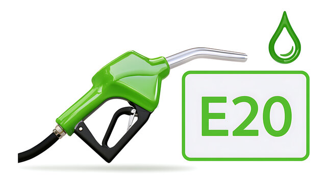 Green fuel pump nozzle with E20 sign and bio fuel drop on white background, symbol of renewable energy and alternative vehicle fuel source
