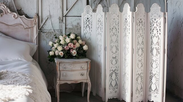 Soft Vintage Bedroom Corner with Lace Screen, Floral Arrangement, and Elegant Nightstand