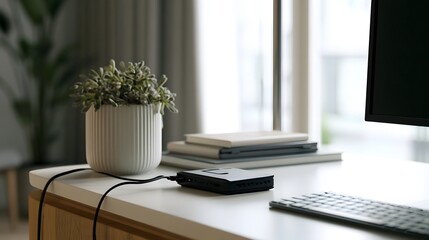 Fototapeta premium Minimalist desk setup with potted plant keyboard monitor and stacked books under soft natural light