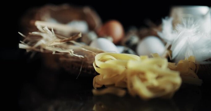 A close up of yellow and white pasta on a table