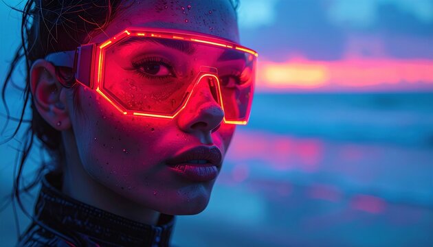 Portrait of woman in glowing neon visor on beach at dusk expressing cyberpunk fashion futurist nightlife culture and digital freedom by the ocean horizon