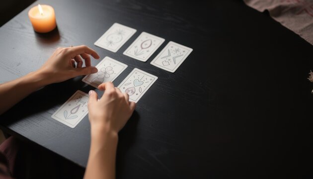 Tarot Reading Ritual: Hands arrange tarot cards on a dark wooden table, illuminated by a single candle, creating an atmosphere of mystery and introspection.