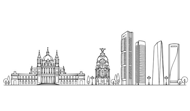 Madrid Skyline Landmarks Royal Palace Metropolis Building Cuatro Torres Line Art