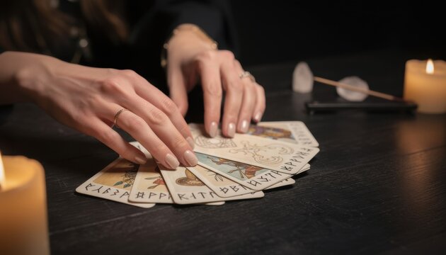 Fortune Telling with Runes: Hands delicately arrange ancient rune cards on a dark surface, illuminated by the soft glow of candles, hinting at mystery and divination.