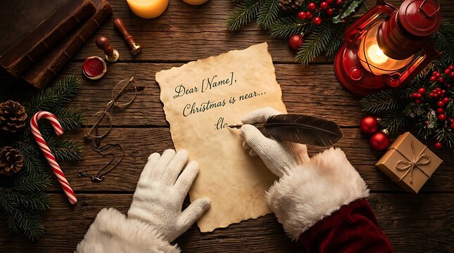 Santa claus writing a letter on a rustic wooden table with christmas decorations