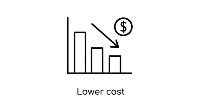 Lower cost line icon featuring a decreasing graph and dollar symbol