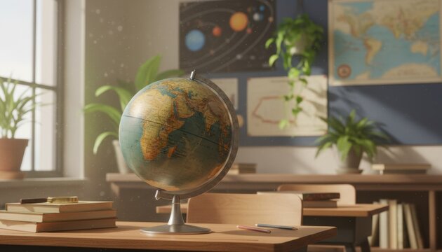 An antique globe on a wooden classroom desk with books and a solar system chart in the background suggesting education geography and global learning