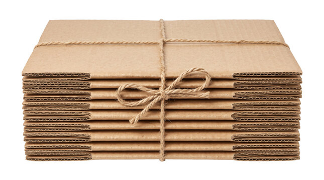 Stack of folded cardboard boxes tied with natural twine