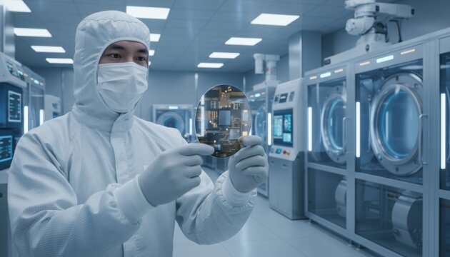 Male engineer in white sterile suit holding silicon semiconductor wafer in futuristic high tech laboratory representing microchip manufacturing innovation